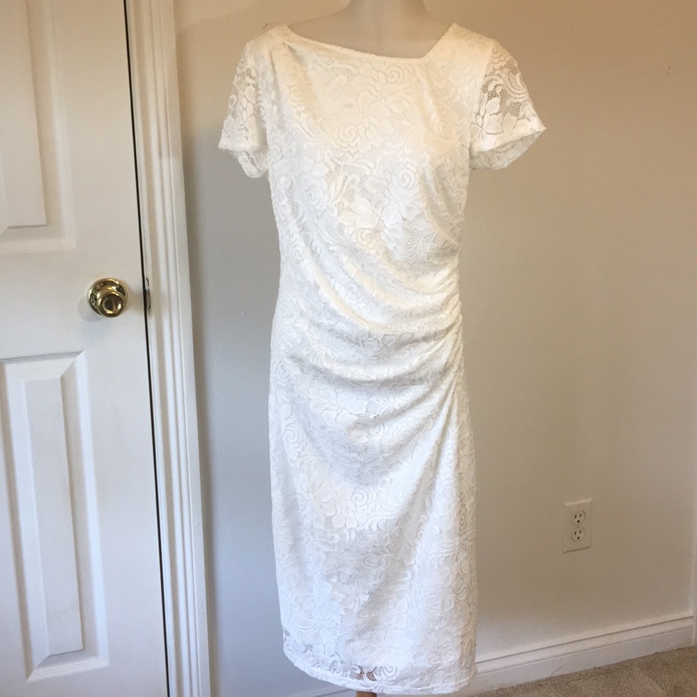 Vfemage Midi Dress White Lace Ruched NWT  SZ 12